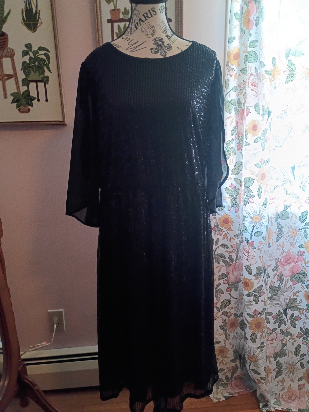 BloomChic Black Sequin Maxi Dress with Sheer Sleeves